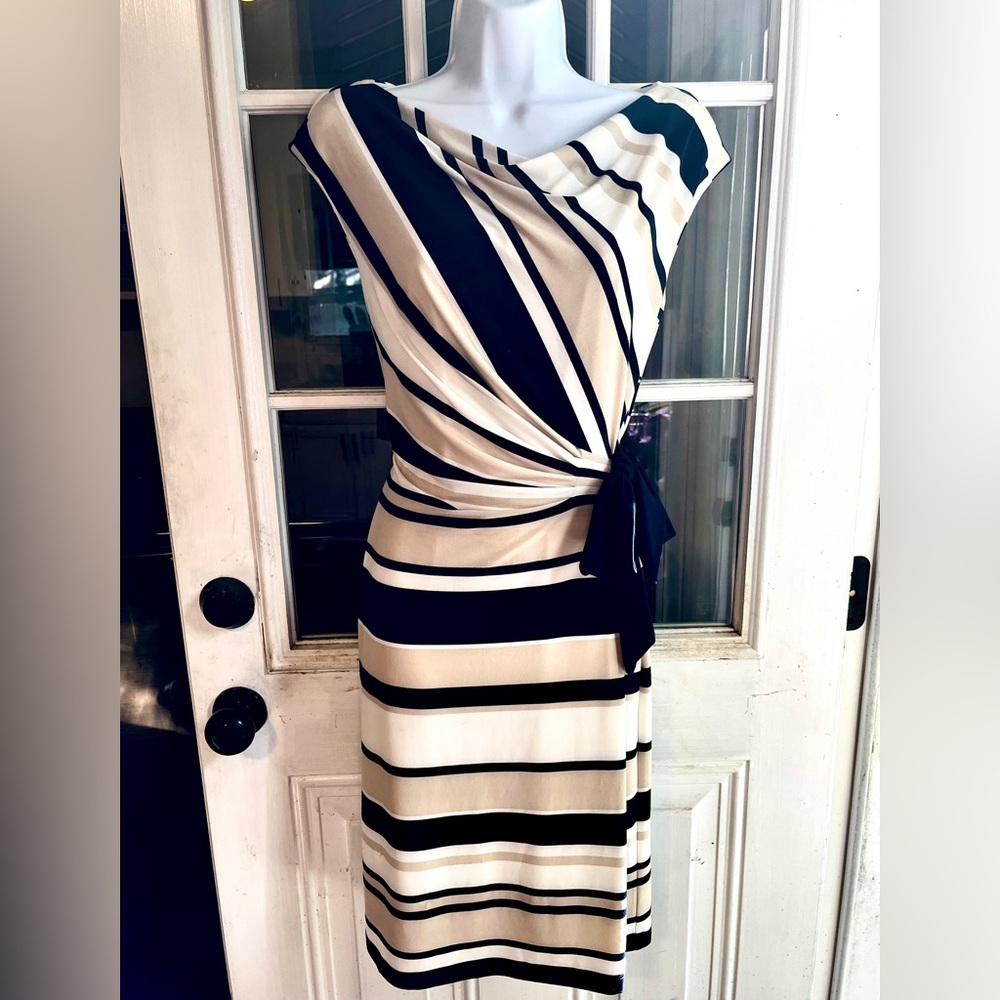 Navy, White, and Tan Striped Ralph Lauren Side Tie Dress